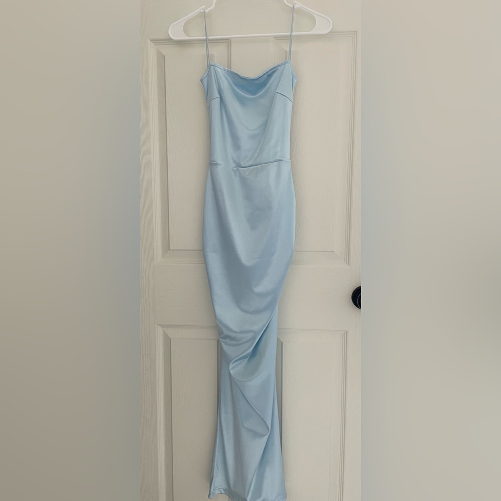 Blue silk prom dress, ok condition